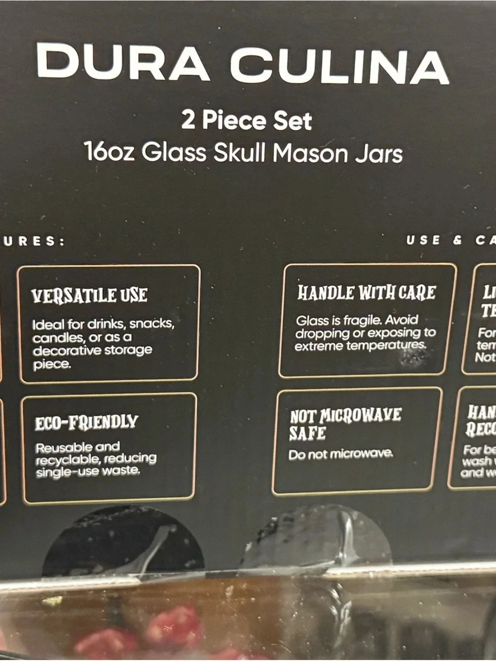 DURA CULINA 16oz Glass Skull Mason Jars 2-Piece Clear & Black Set